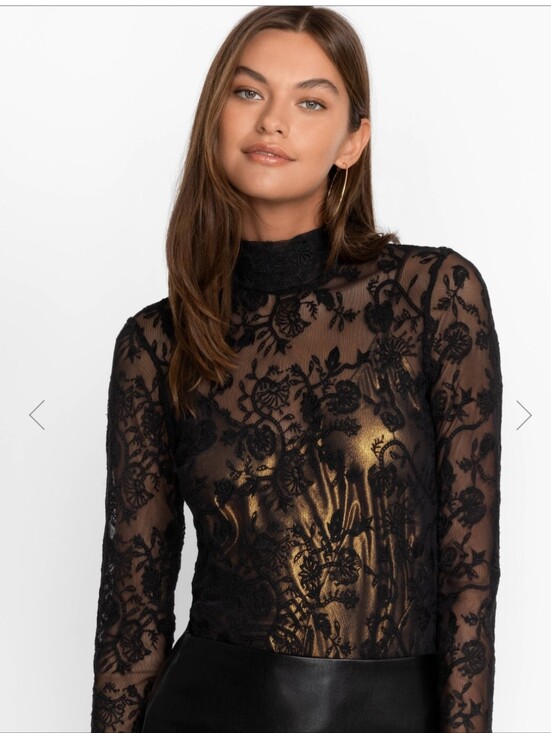 Johnny Was Tops - Johnny Was Black Sheer Lace Floral Mock Neck Top